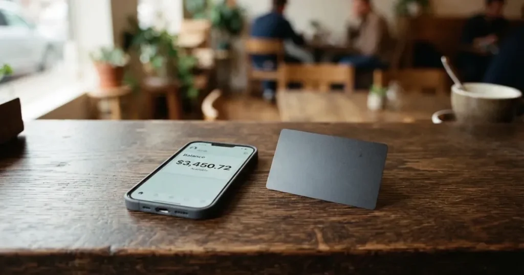 A payment card next to a phone with a crypto wallet app open