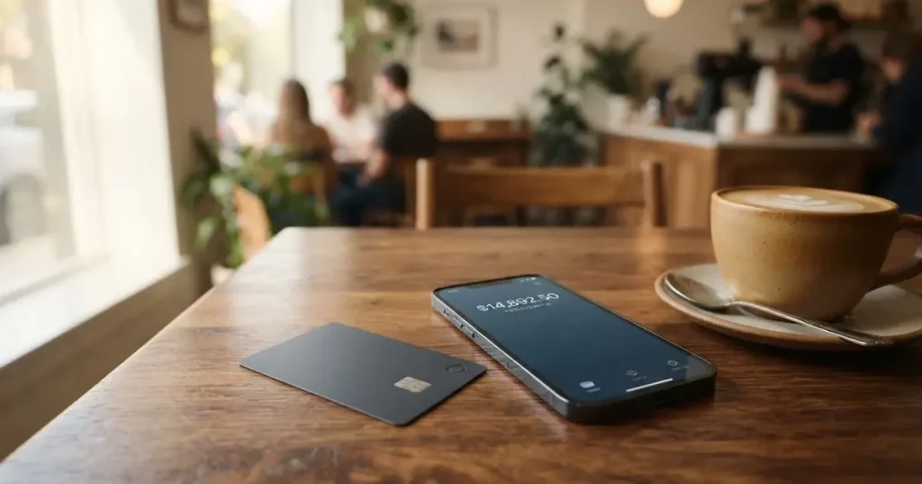 A payment card next to a phone with a crypto wallet app open