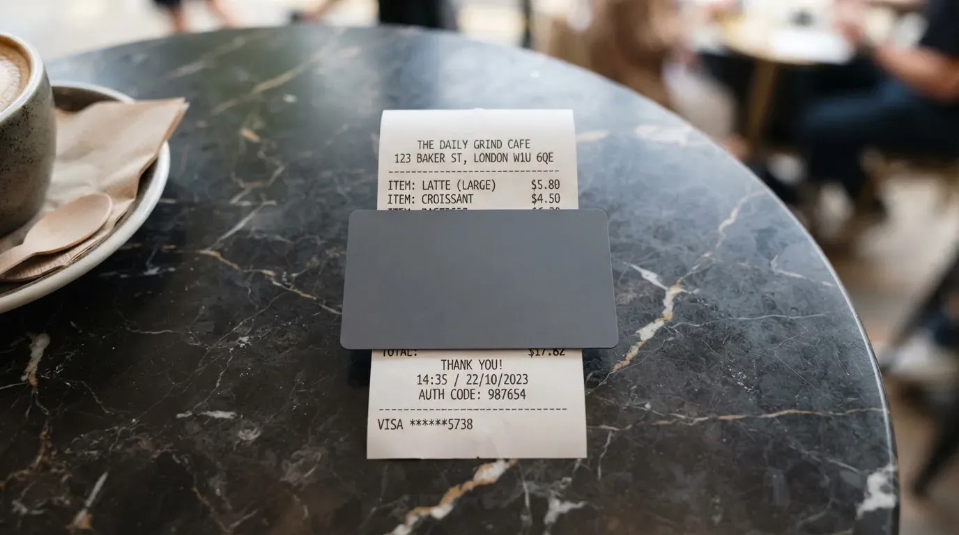 A receipt and a card on a café table