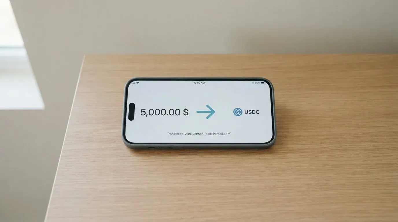 A phone showing a stablecoin transfer screen