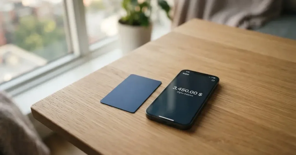 A payment card next to a phone with a crypto wallet app open