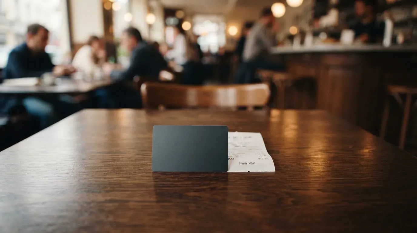A receipt and a card on a café table