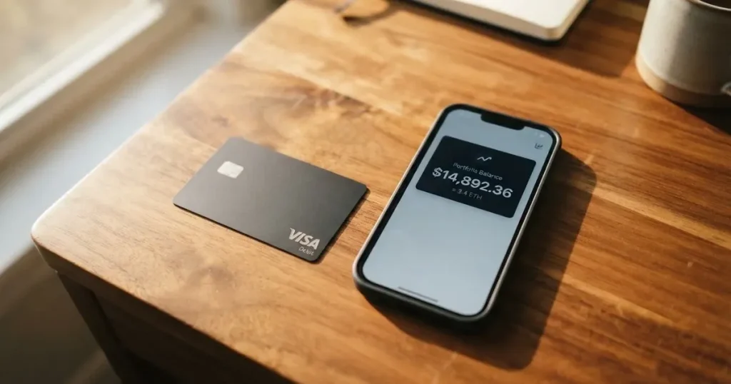 A payment card next to a phone with a crypto wallet app open