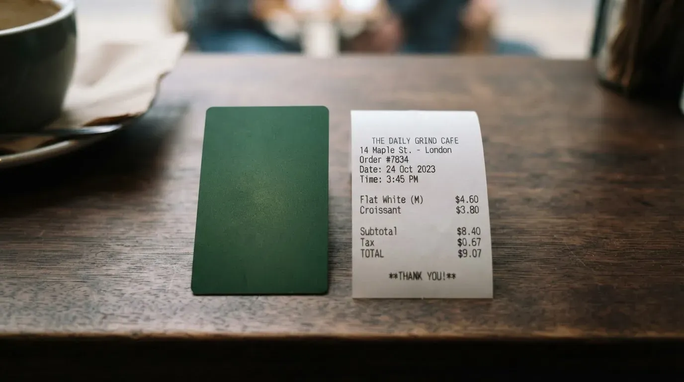 A receipt and a card on a café table