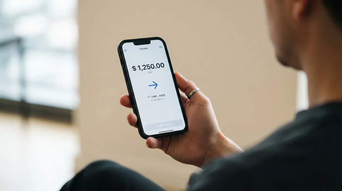 A phone showing a stablecoin transfer screen