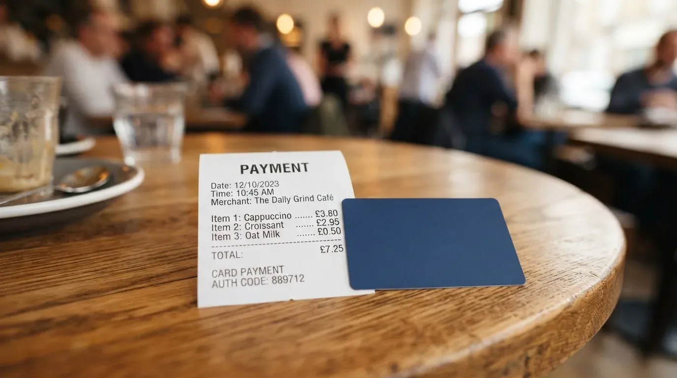 A receipt and a card on a café table