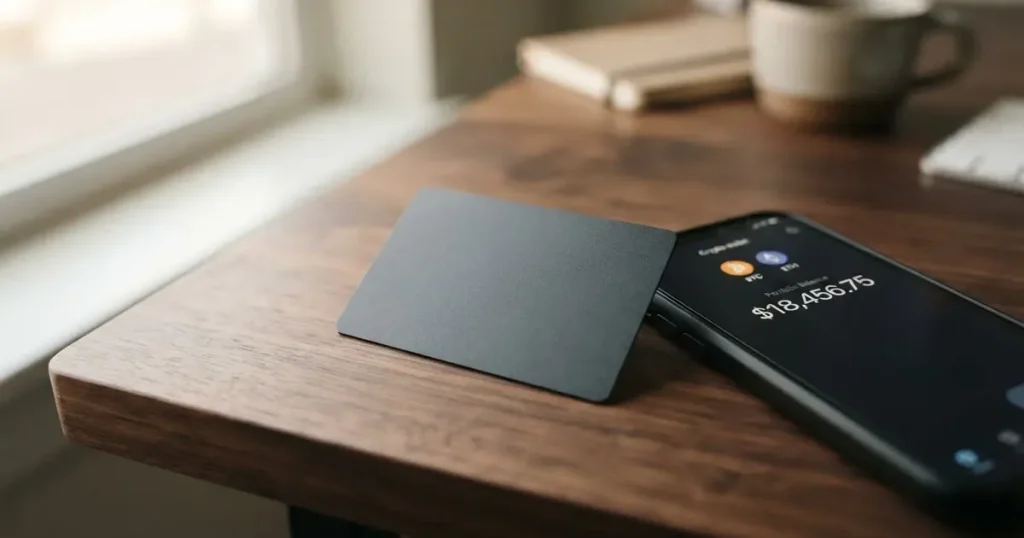 A payment card next to a phone with a crypto wallet app open