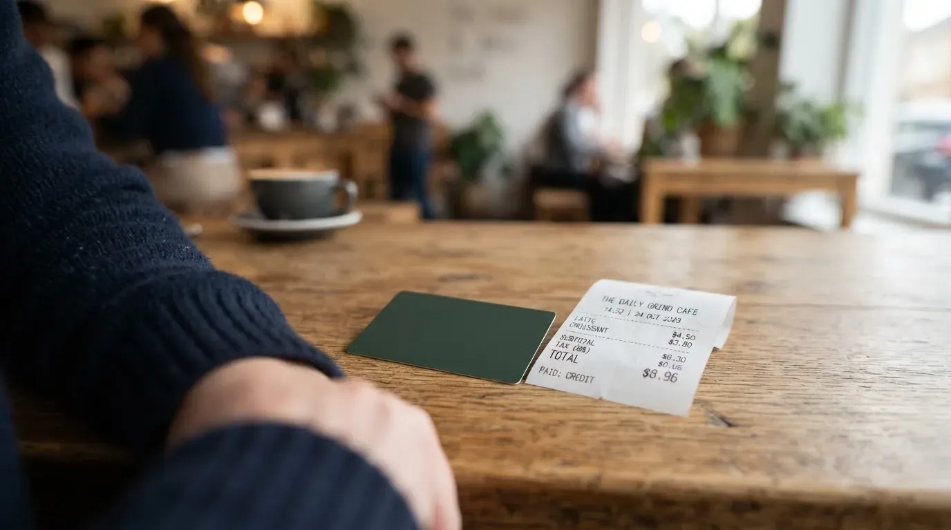 A receipt and a card on a café table