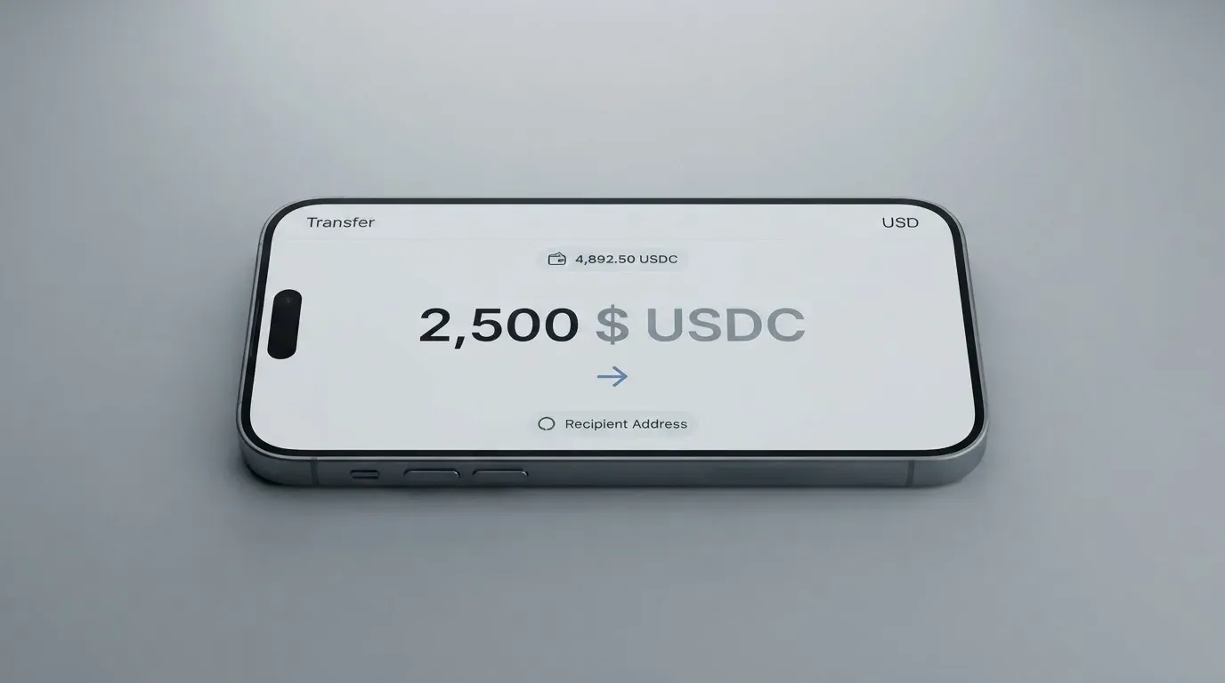 A phone showing a stablecoin transfer screen