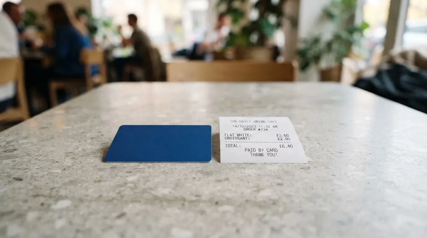 A receipt and a card on a café table