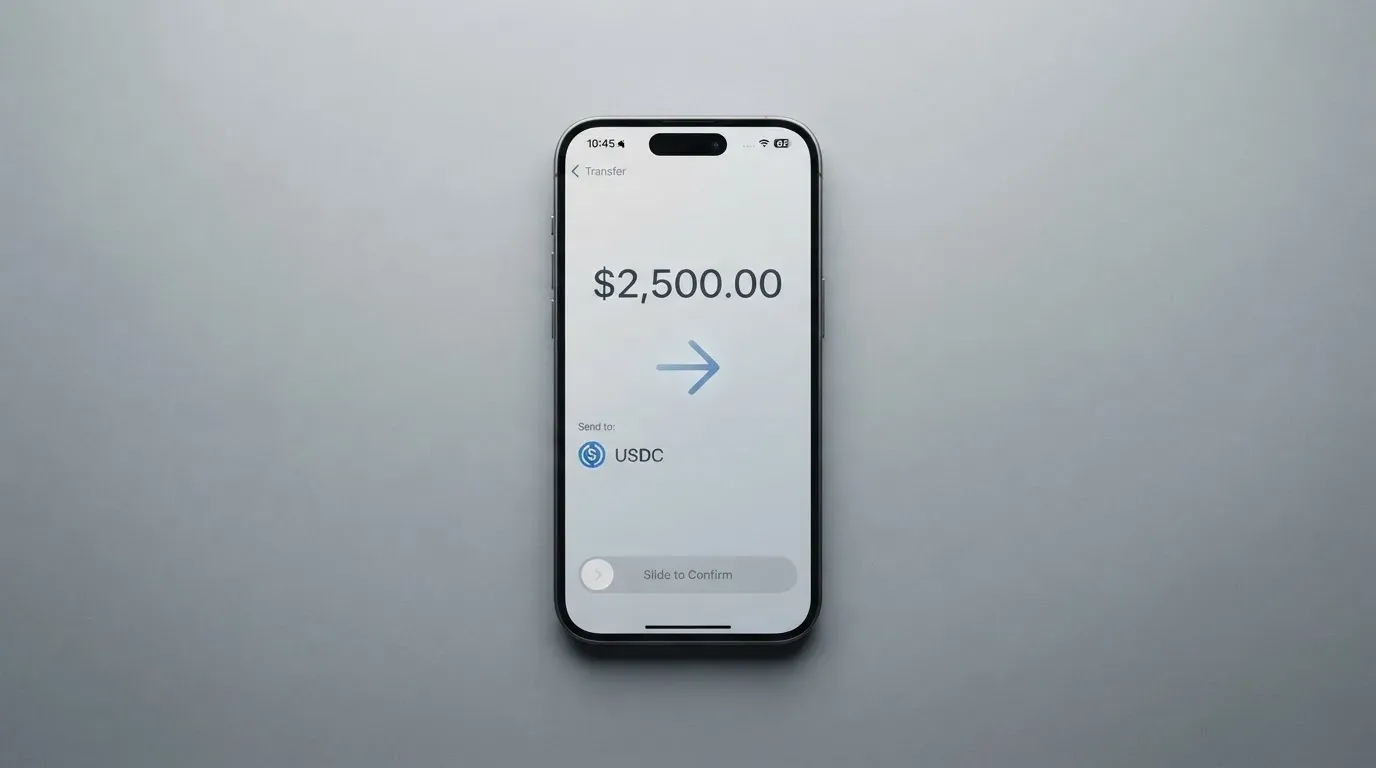 A phone showing a stablecoin transfer screen
