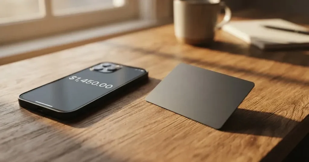 A payment card next to a phone with a crypto wallet app open