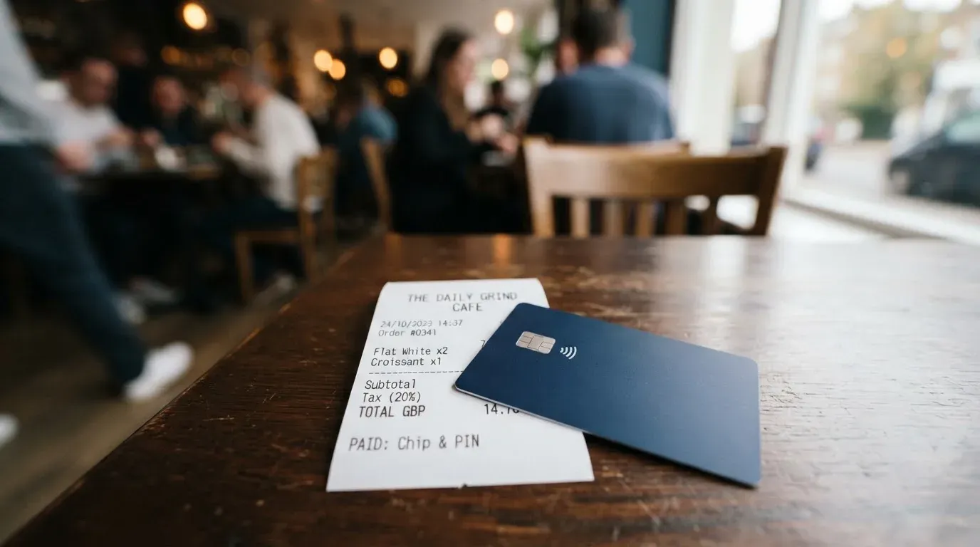 A receipt and a card on a café table