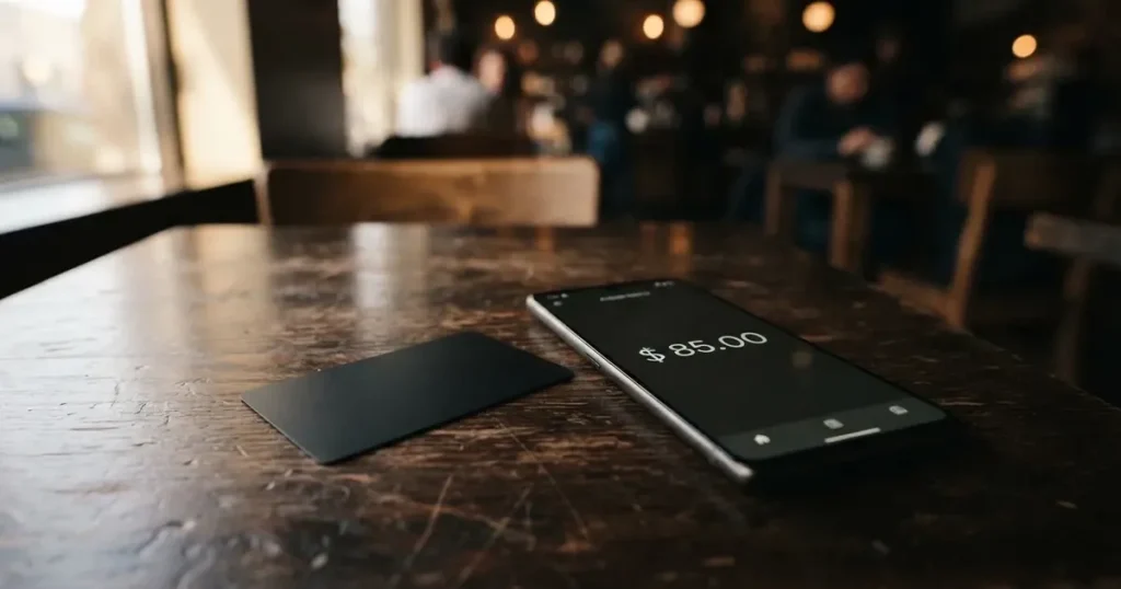 A payment card next to a phone with a crypto wallet app open