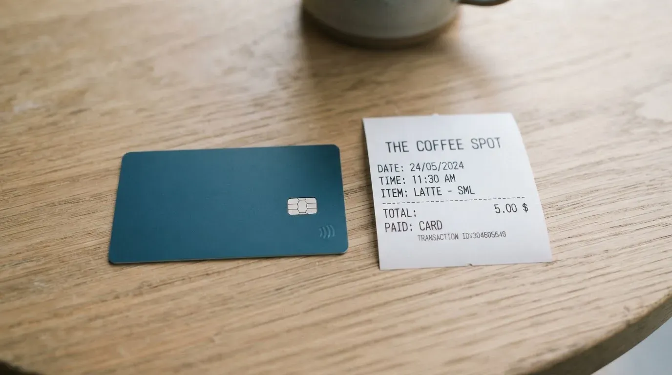 A receipt and a card on a café table