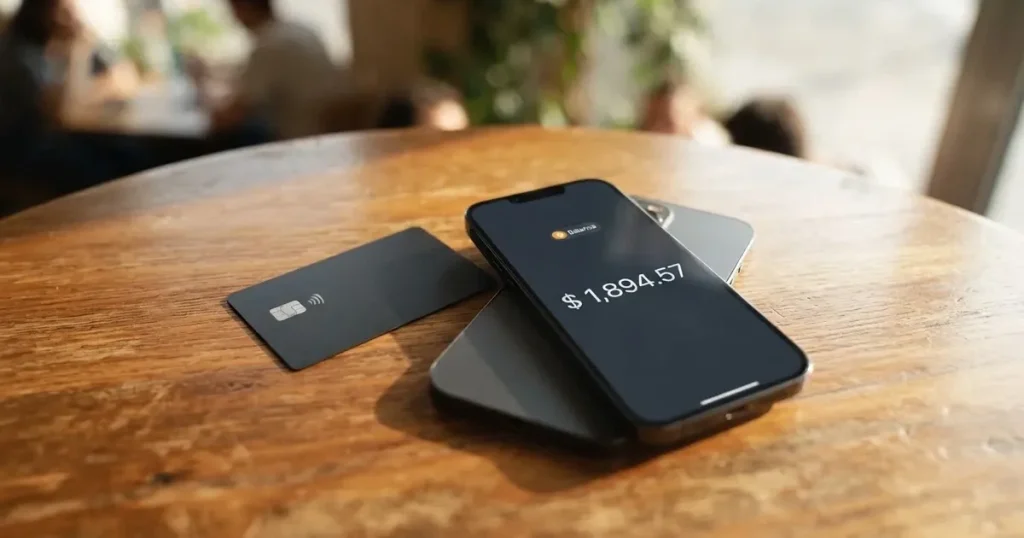 A payment card next to a phone with a crypto wallet app open
