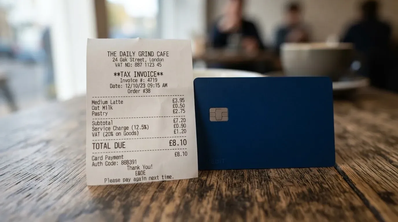 A receipt and a card on a café table