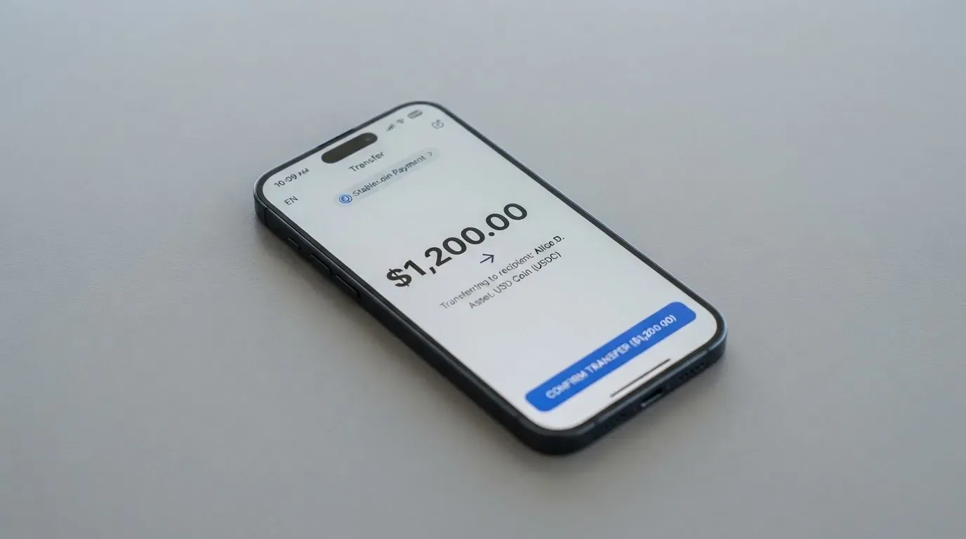 A phone showing a stablecoin transfer screen