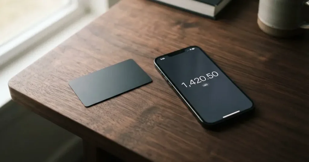 A payment card next to a phone with a crypto wallet app open