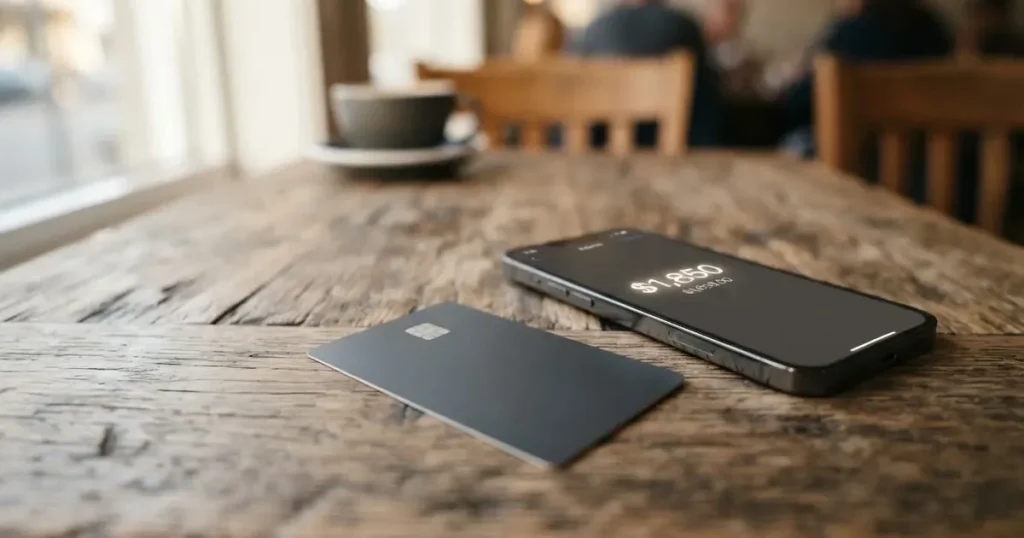 A payment card next to a phone with a crypto wallet app open