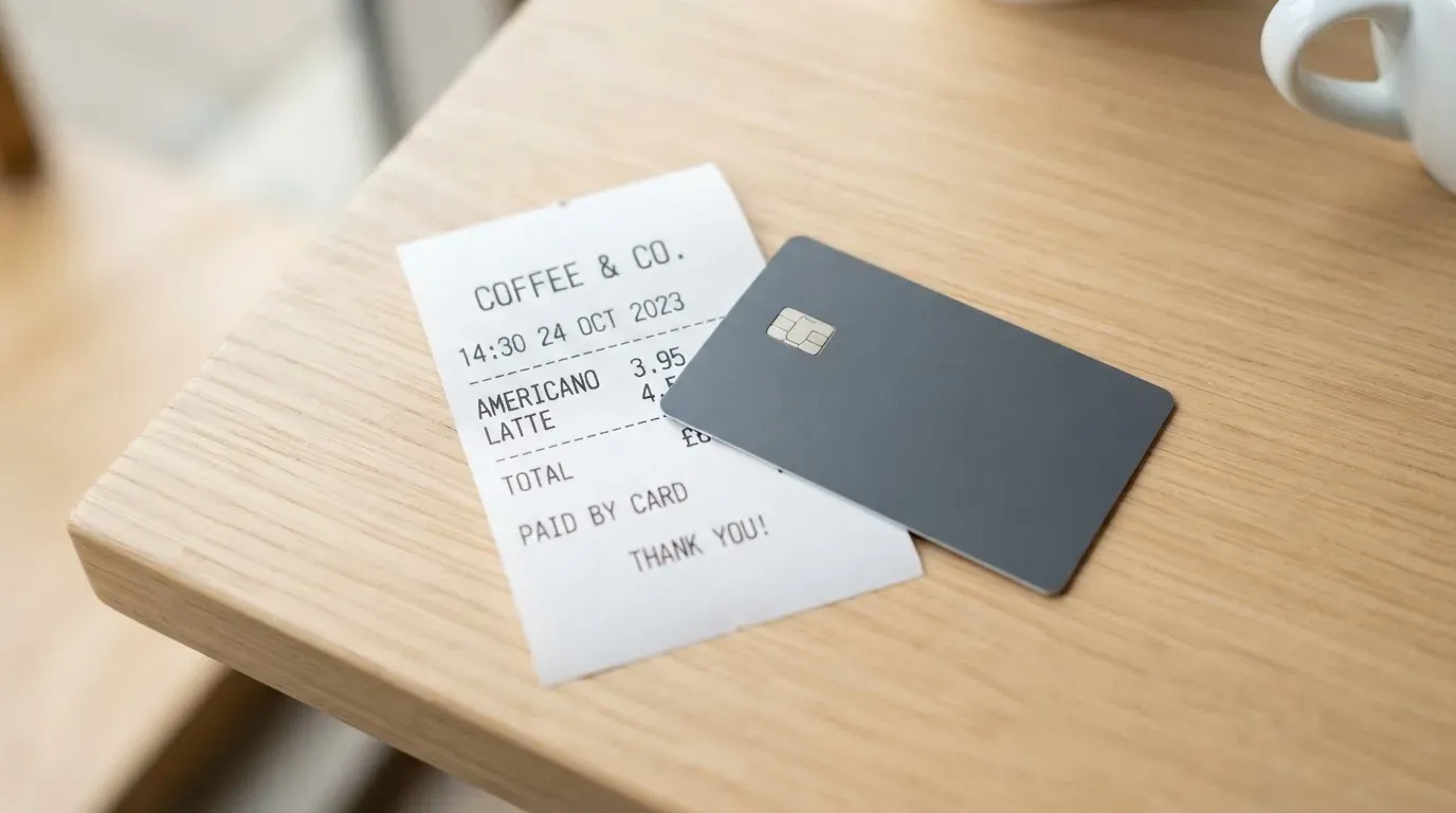 A receipt and a card on a café table