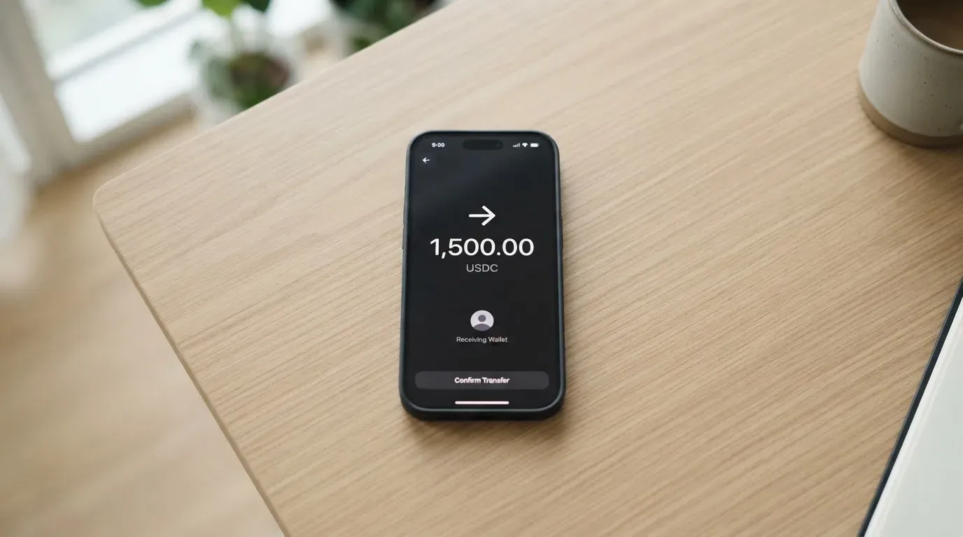 A phone showing a stablecoin transfer screen