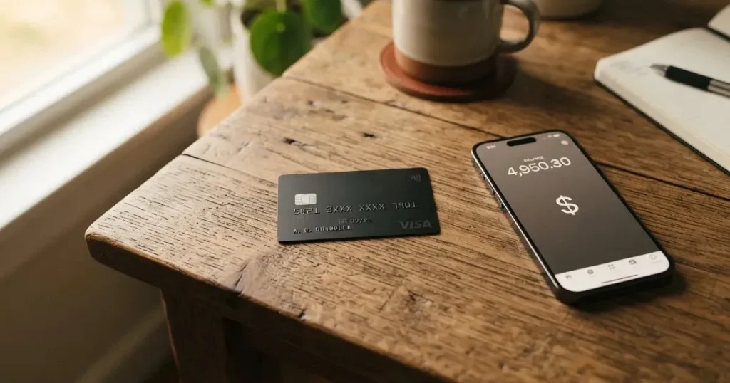 A payment card next to a phone with a crypto wallet app open
