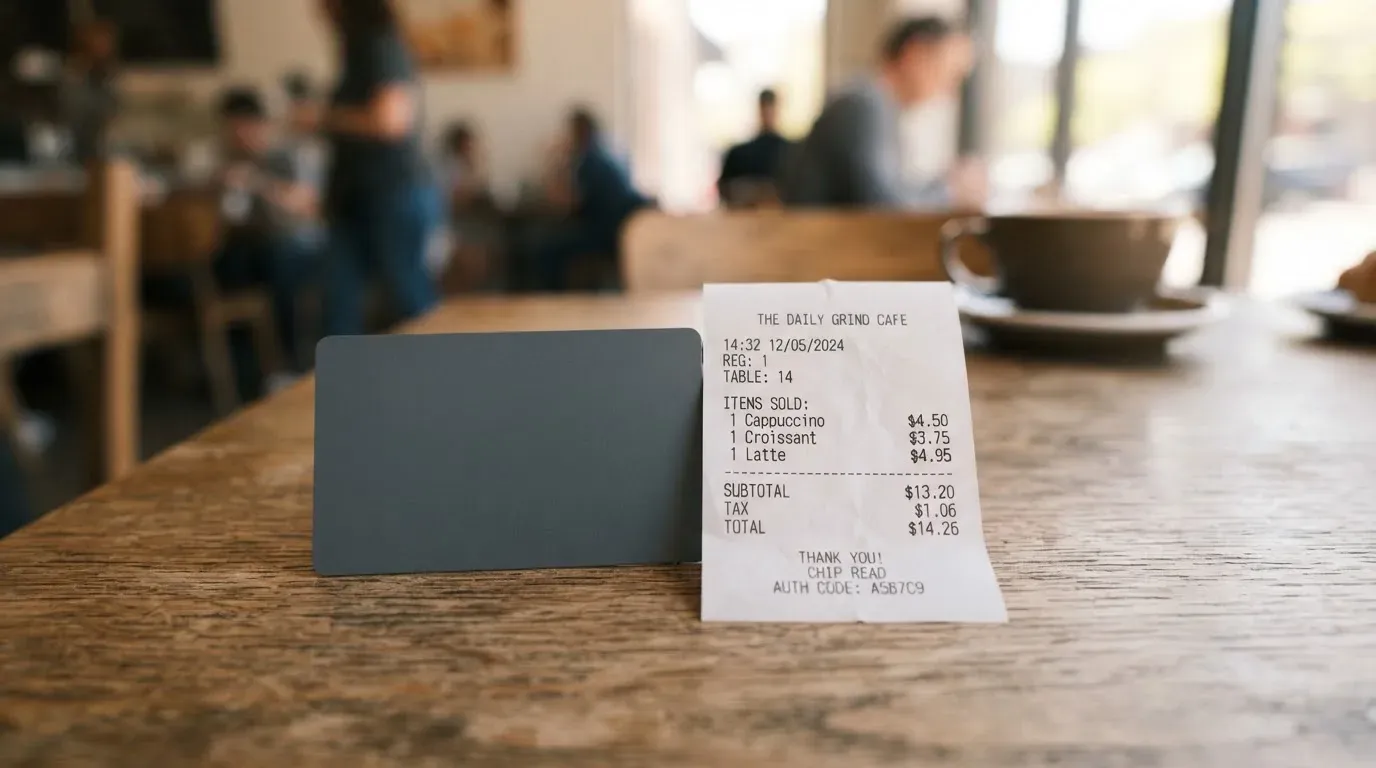 A receipt and a card on a café table