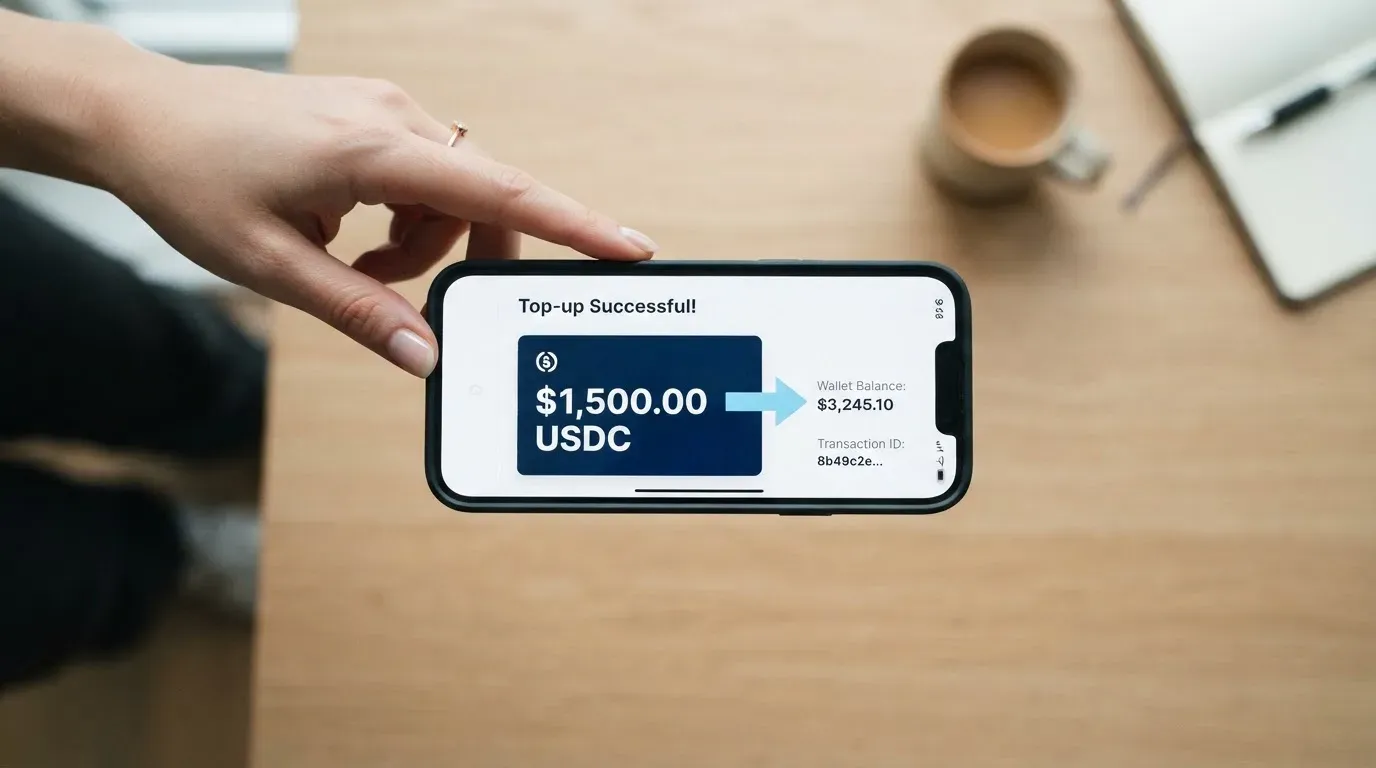 A phone showing a stablecoin transfer screen