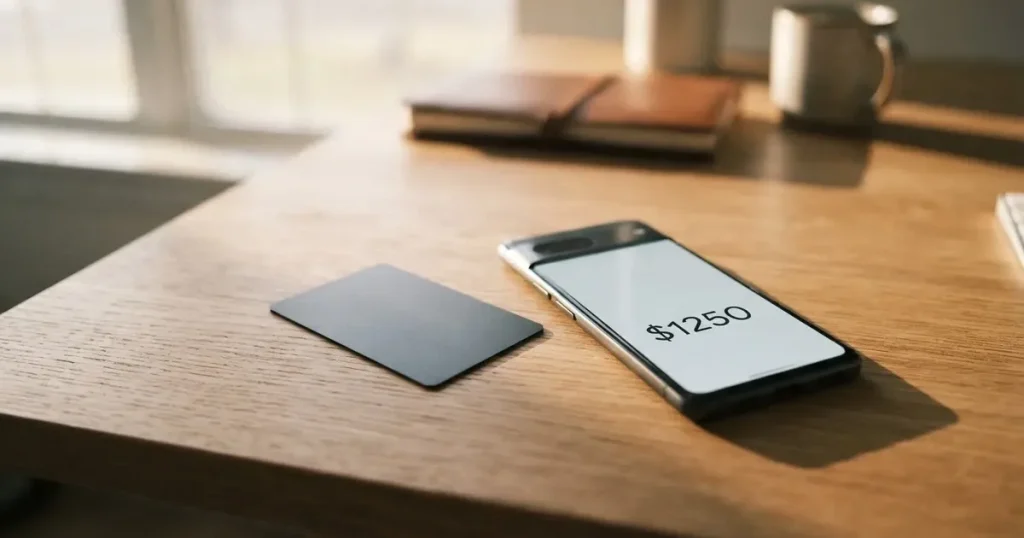 A payment card next to a phone with a crypto wallet app open