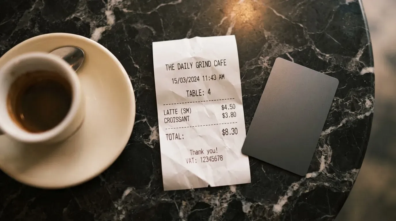 A receipt and a card on a café table