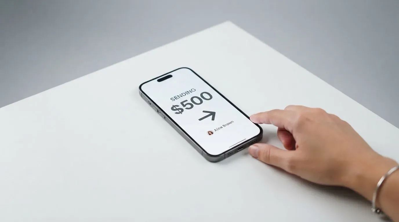 A phone showing a stablecoin transfer screen