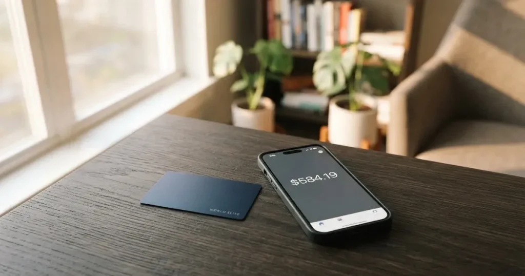 A payment card next to a phone with a crypto wallet app open