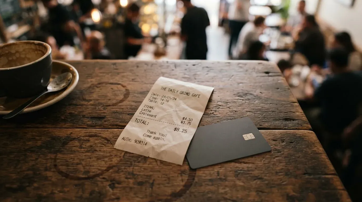 A receipt and a card on a café table