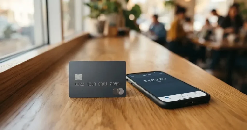 A payment card next to a phone with a crypto wallet app open
