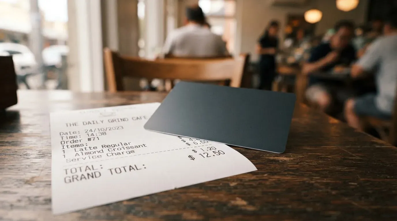 A receipt and a card on a café table