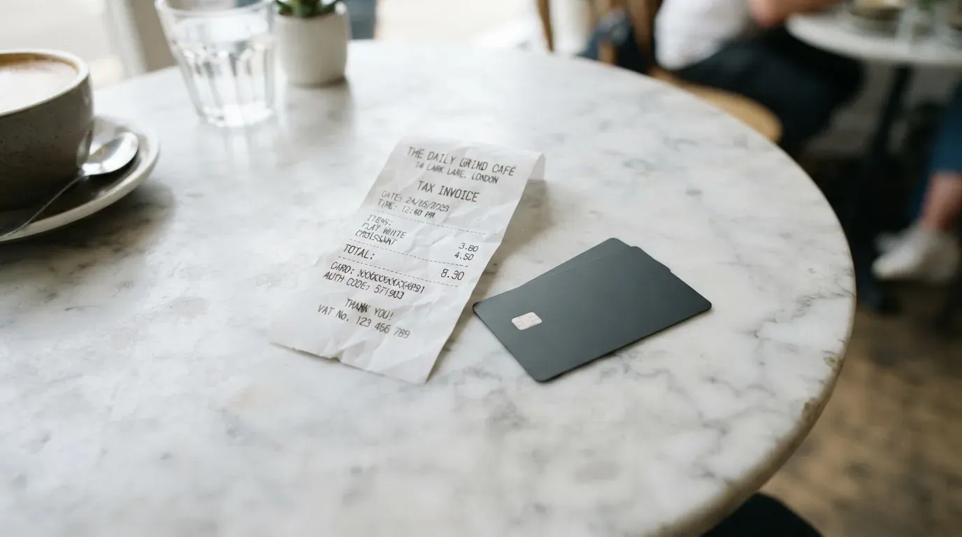 A receipt and a card on a café table