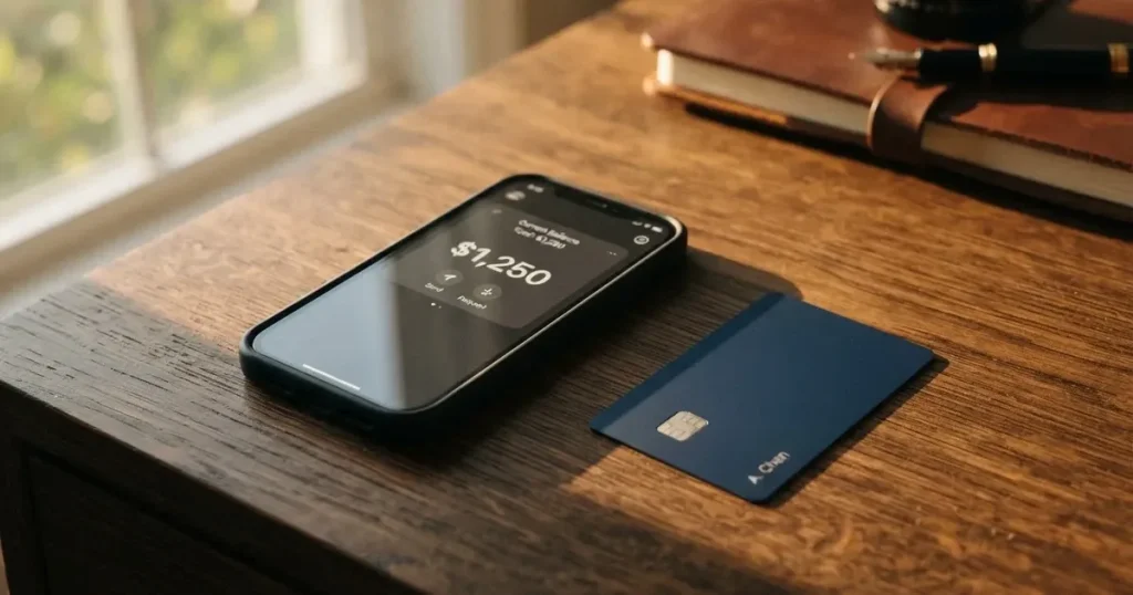 A payment card next to a phone with a crypto wallet app open