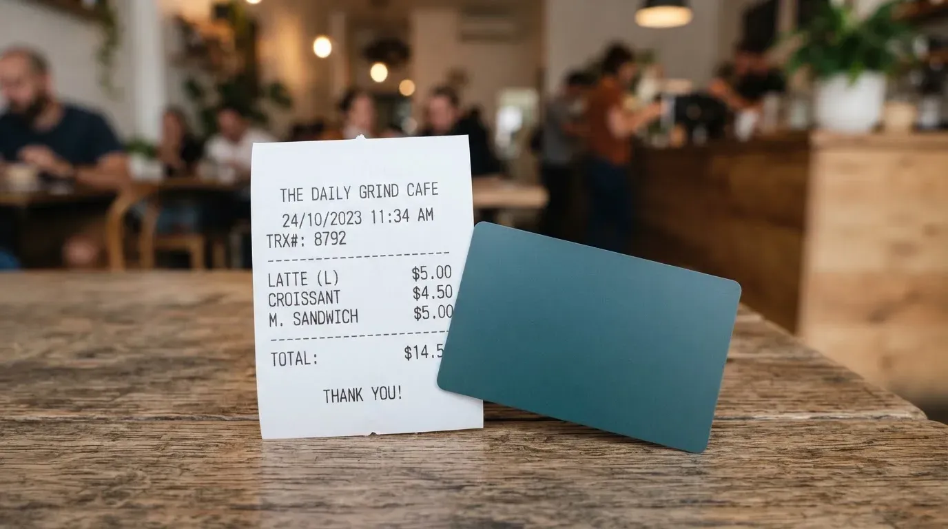 A receipt and a card on a café table