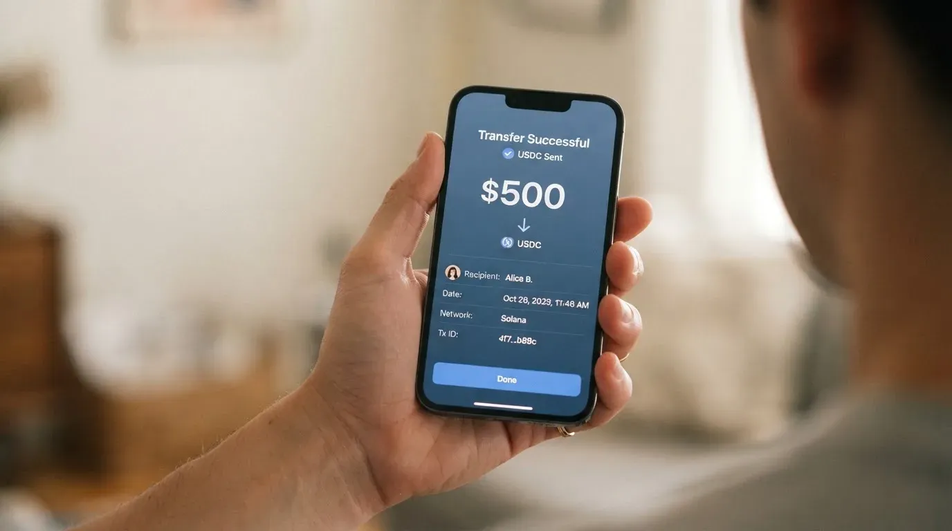 A phone showing a stablecoin transfer screen