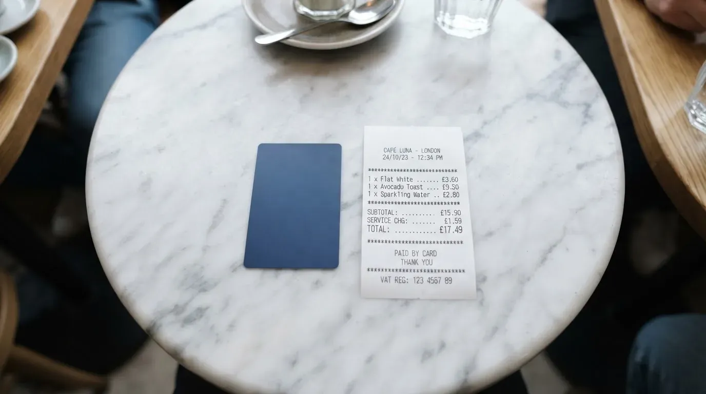 A receipt and a card on a café table