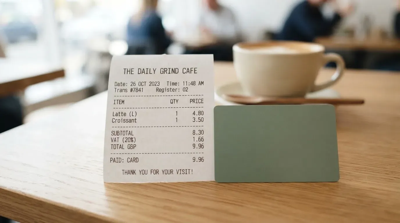 A receipt and a card on a café table