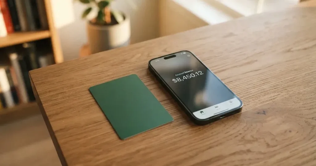 A payment card next to a phone with a crypto wallet app open