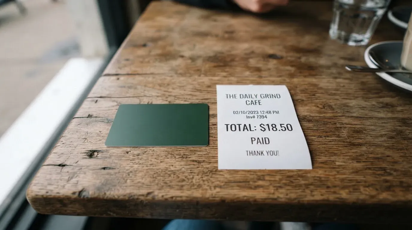 A receipt and a card on a café table