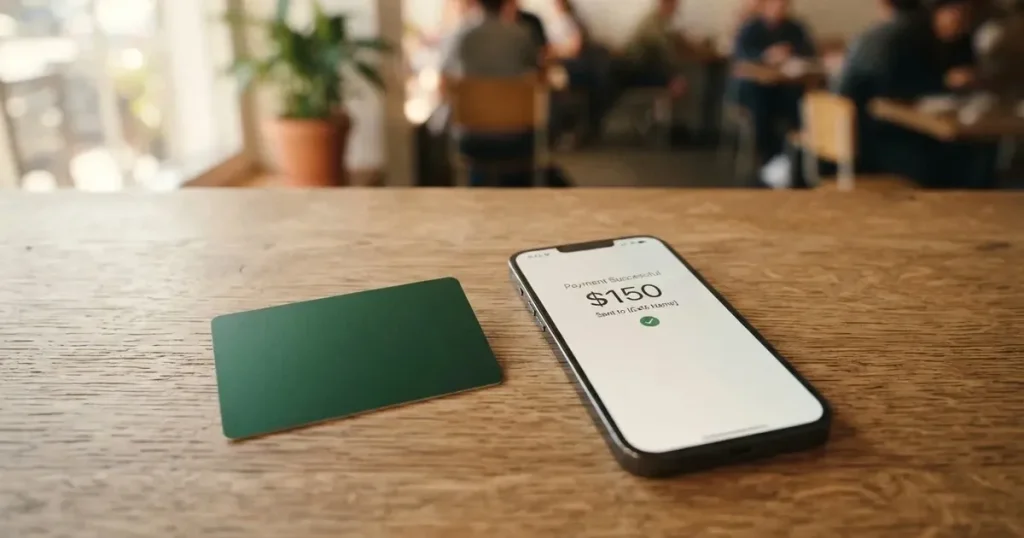 A payment card next to a phone with a crypto wallet app open