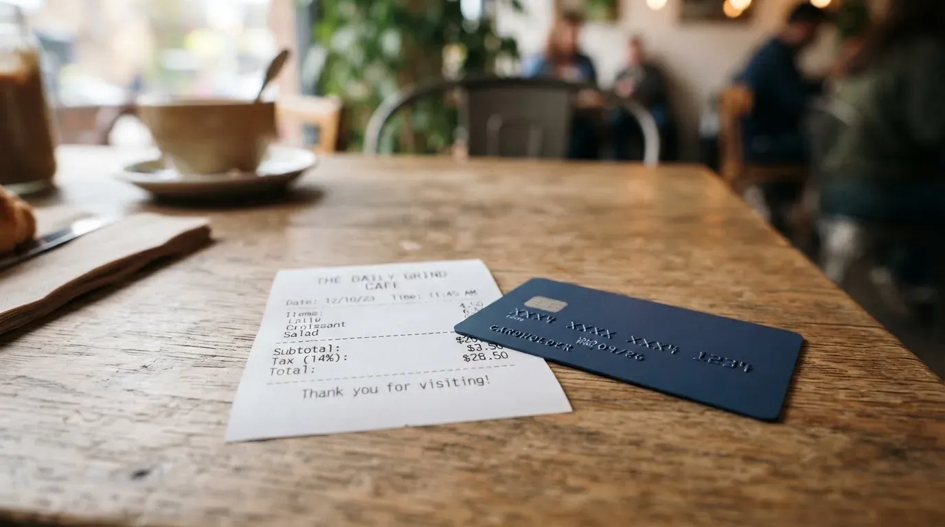 A receipt and a card on a café table