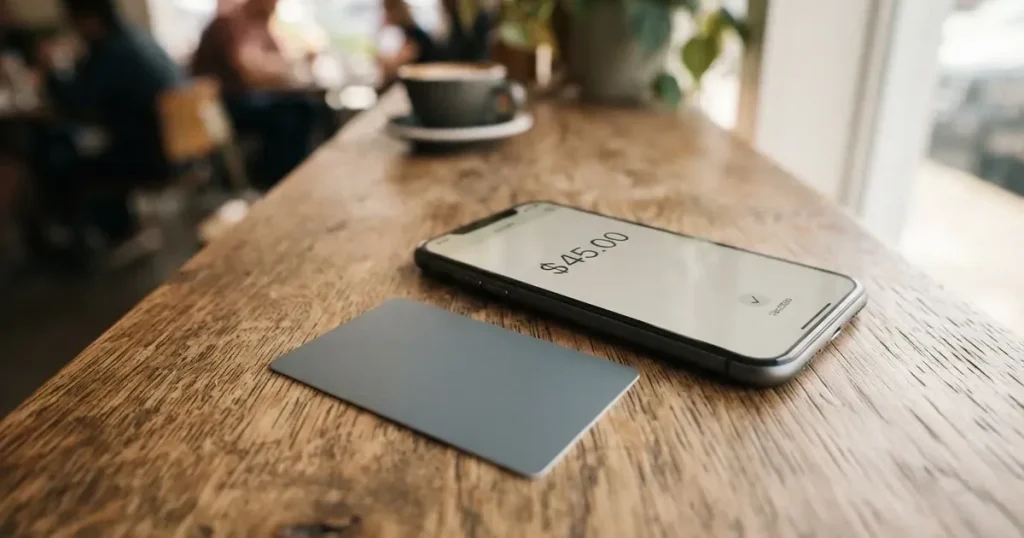 A payment card next to a phone with a crypto wallet app open