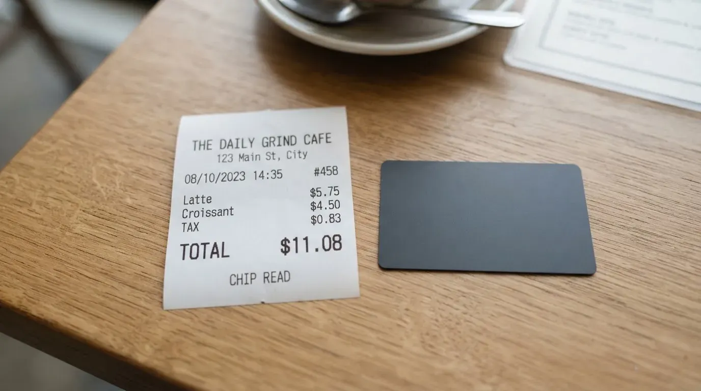 A receipt and a card on a café table