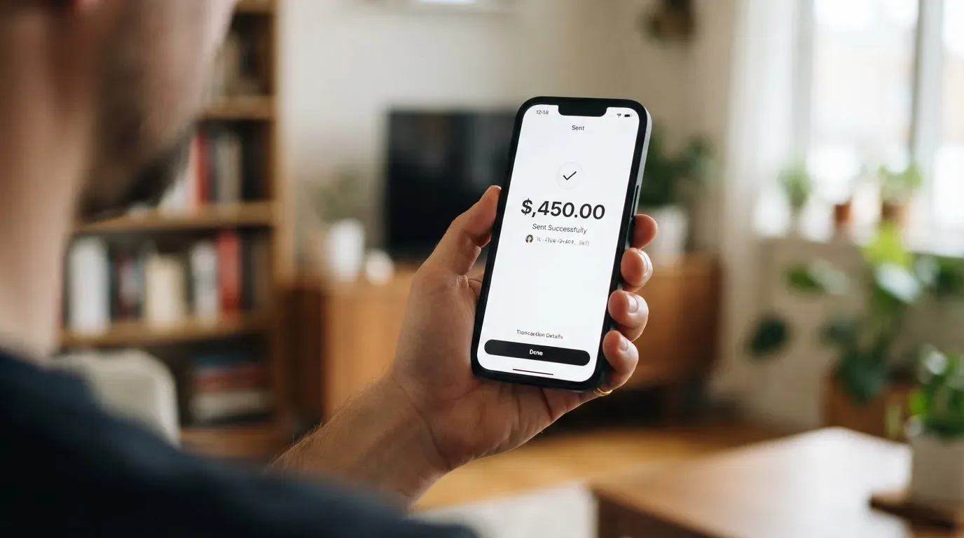 A phone showing a stablecoin transfer screen