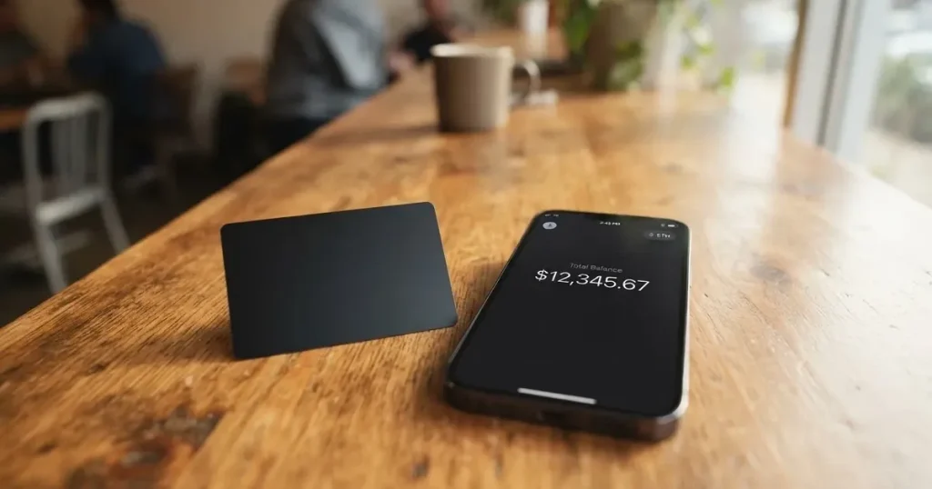 A payment card next to a phone with a crypto wallet app open